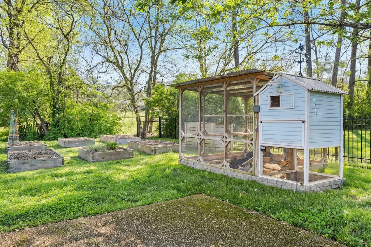 This image showcases a tranquil exterior scene featuring a well-maintained chicken coop, thriving raised garden beds, and lush greenery all around. The natural setting is open and welcoming, inviting guests to connect with the countryside environment and engage in gardening or caring for chickens.